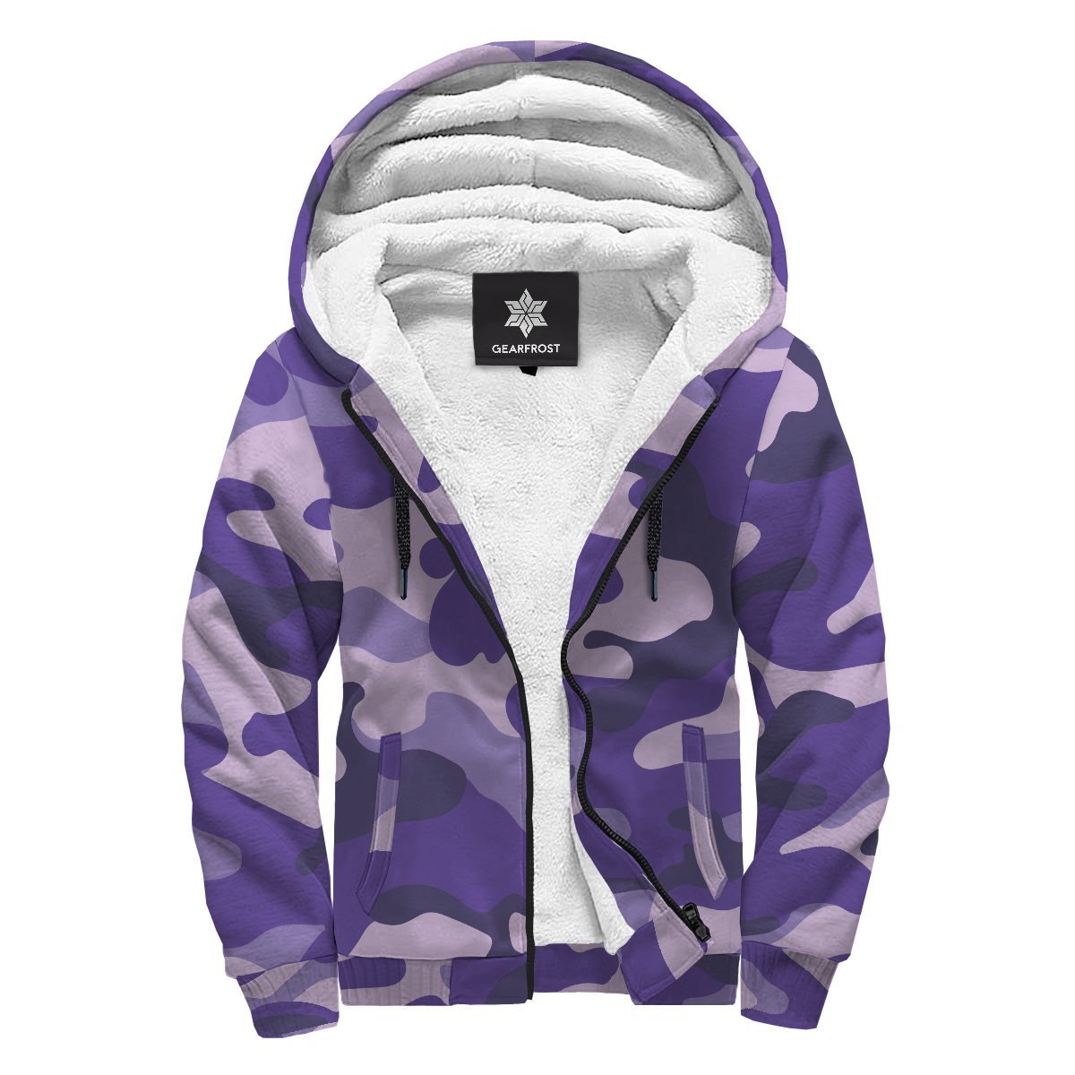 Purple Camouflage Print Sherpa Lined Fleece Hoodie