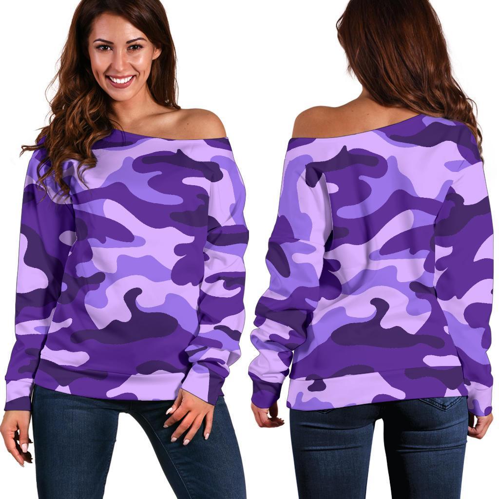 Purple Camouflage Print Women's Off-Shoulder Sweatshirt