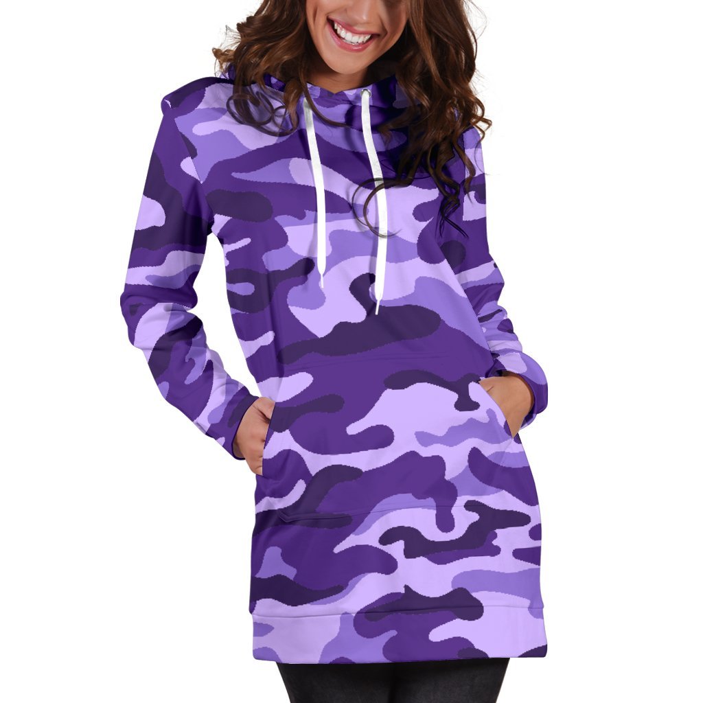 Purple Camouflage Print Women's Pullover Hoodie Dress