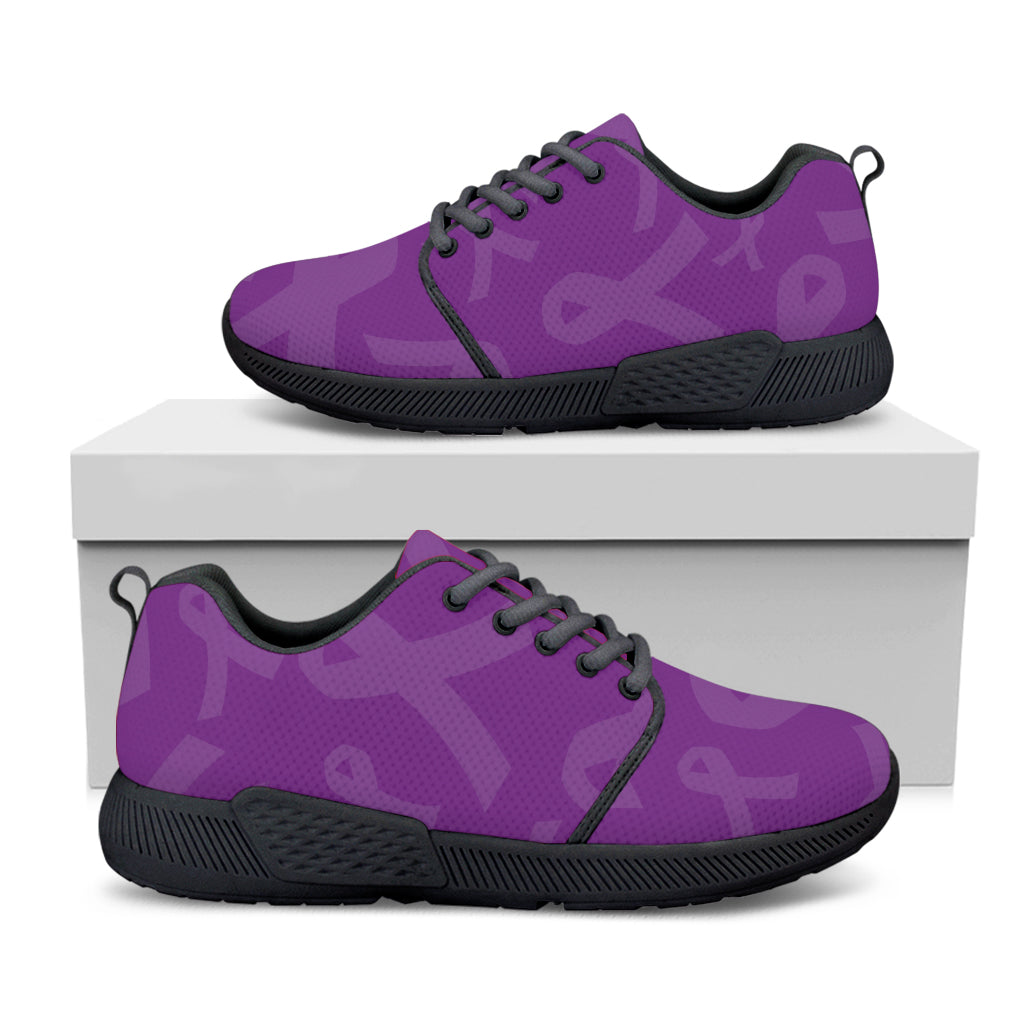 Purple Cancer Awareness Ribbon Print Black Athletic Shoes