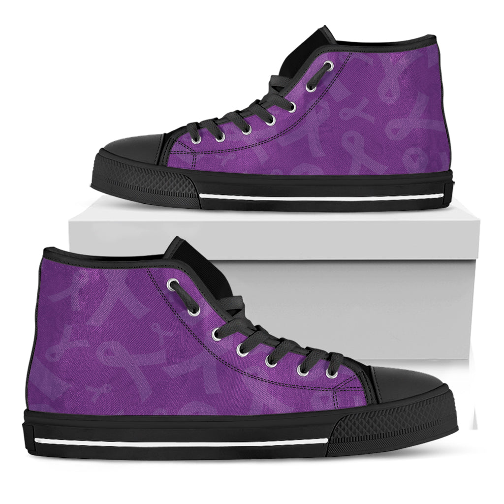 Purple Cancer Awareness Ribbon Print Black High Top Shoes