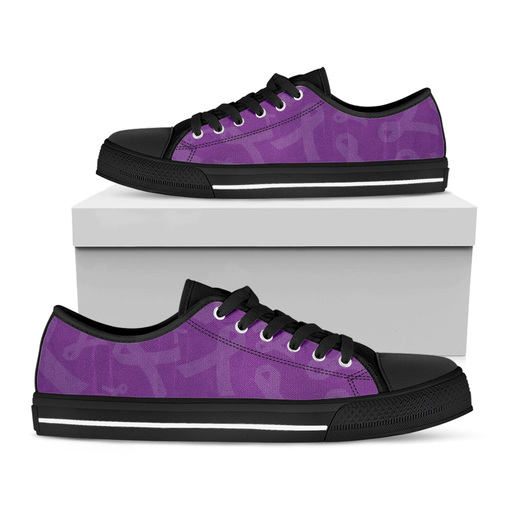 Purple Cancer Awareness Ribbon Print Black Low Top Shoes