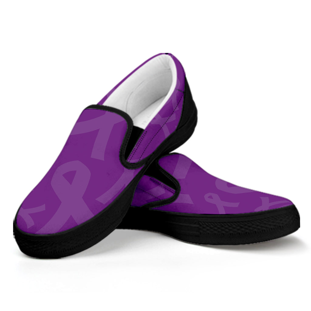 Purple Cancer Awareness Ribbon Print Black Slip On Shoes