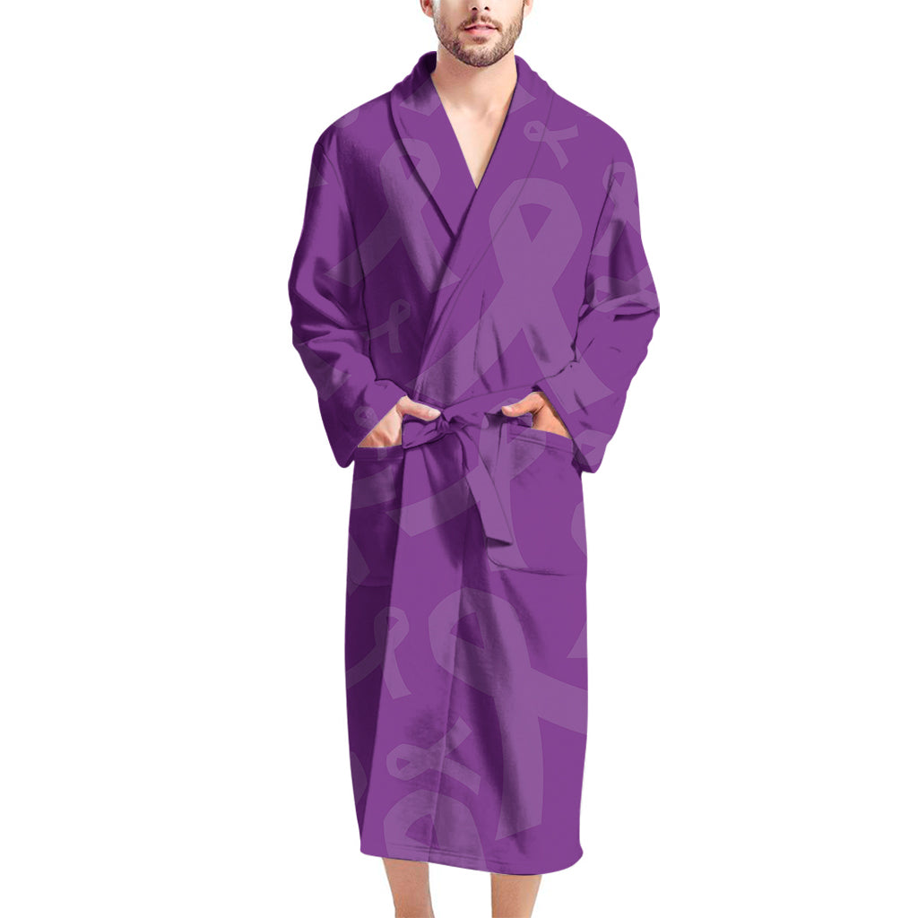 Purple Cancer Awareness Ribbon Print Men's Bathrobe