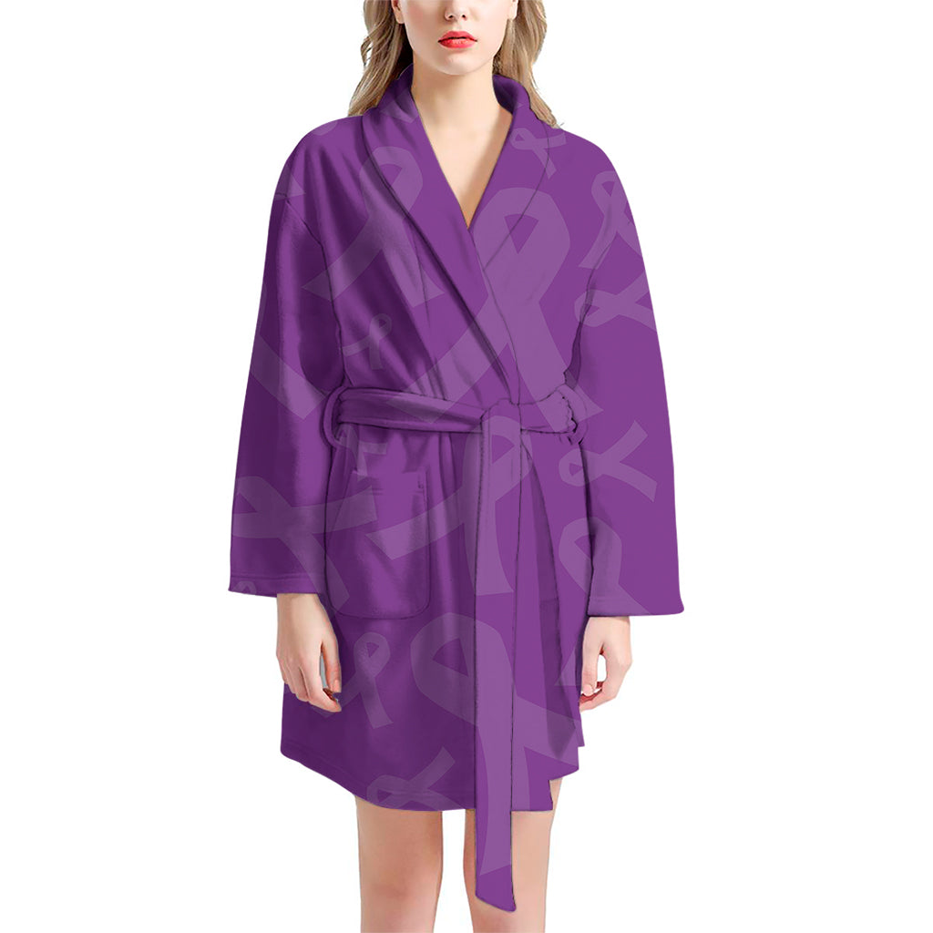 Purple Cancer Awareness Ribbon Print Women's Bathrobe