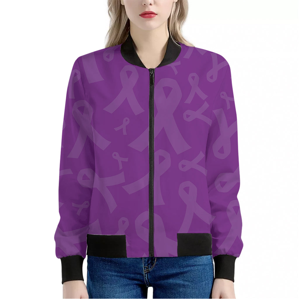 Purple Cancer Awareness Ribbon Print Women's Bomber Jacket