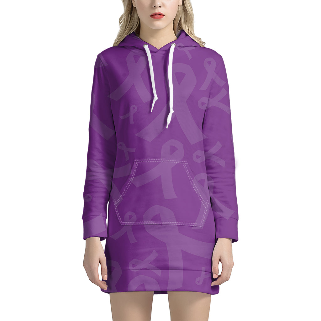 Purple Cancer Awareness Ribbon Print Women's Pullover Hoodie Dress