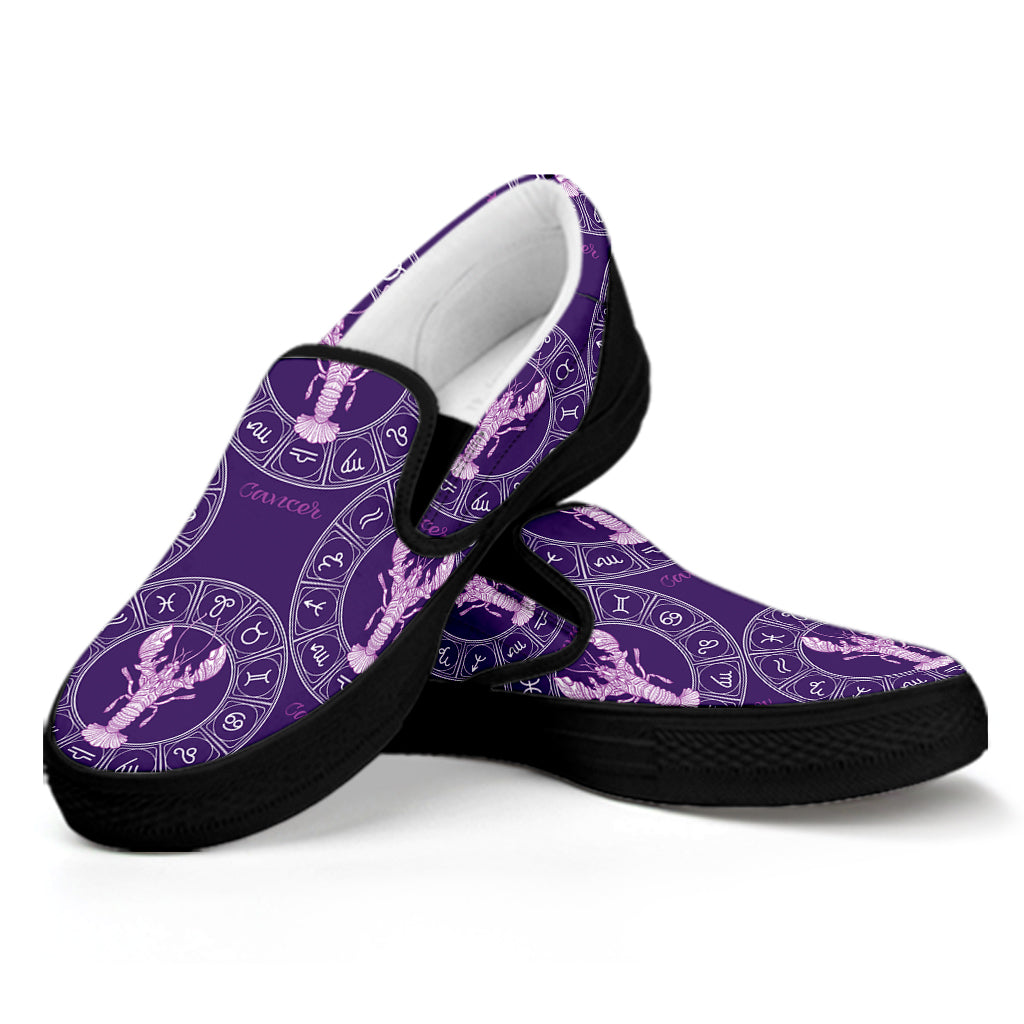 Purple Cancer Zodiac Pattern Print Black Slip On Shoes