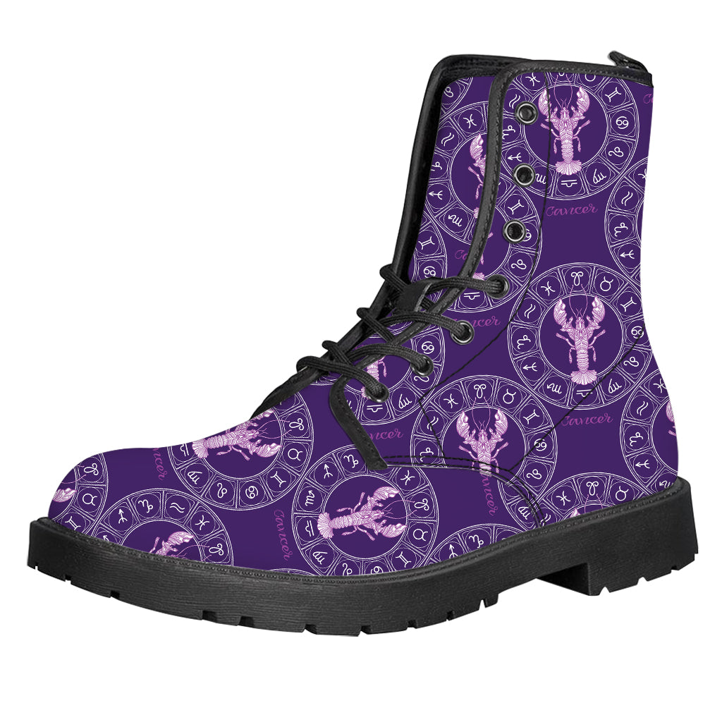 Purple Cancer Zodiac Pattern Print Leather Boots