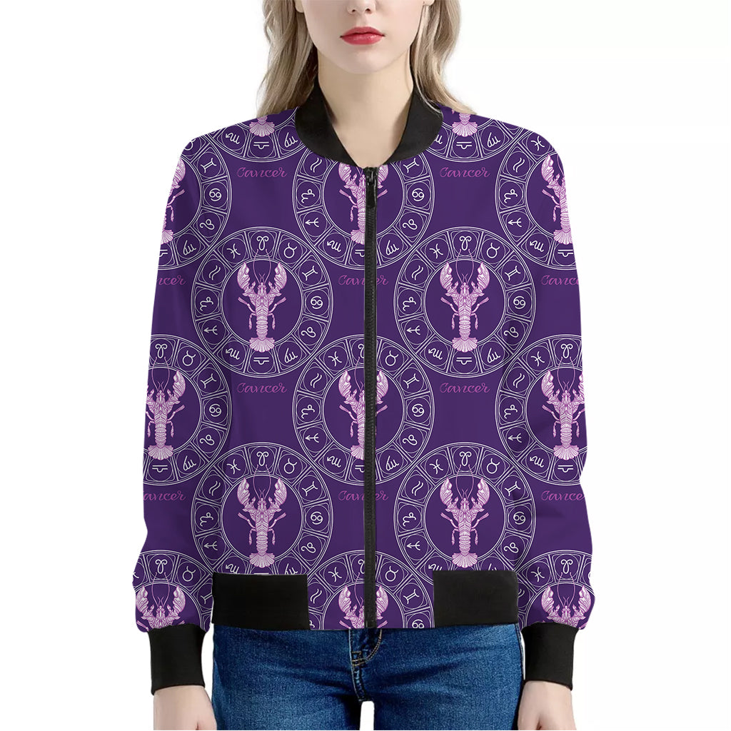 Purple Cancer Zodiac Pattern Print Women's Bomber Jacket