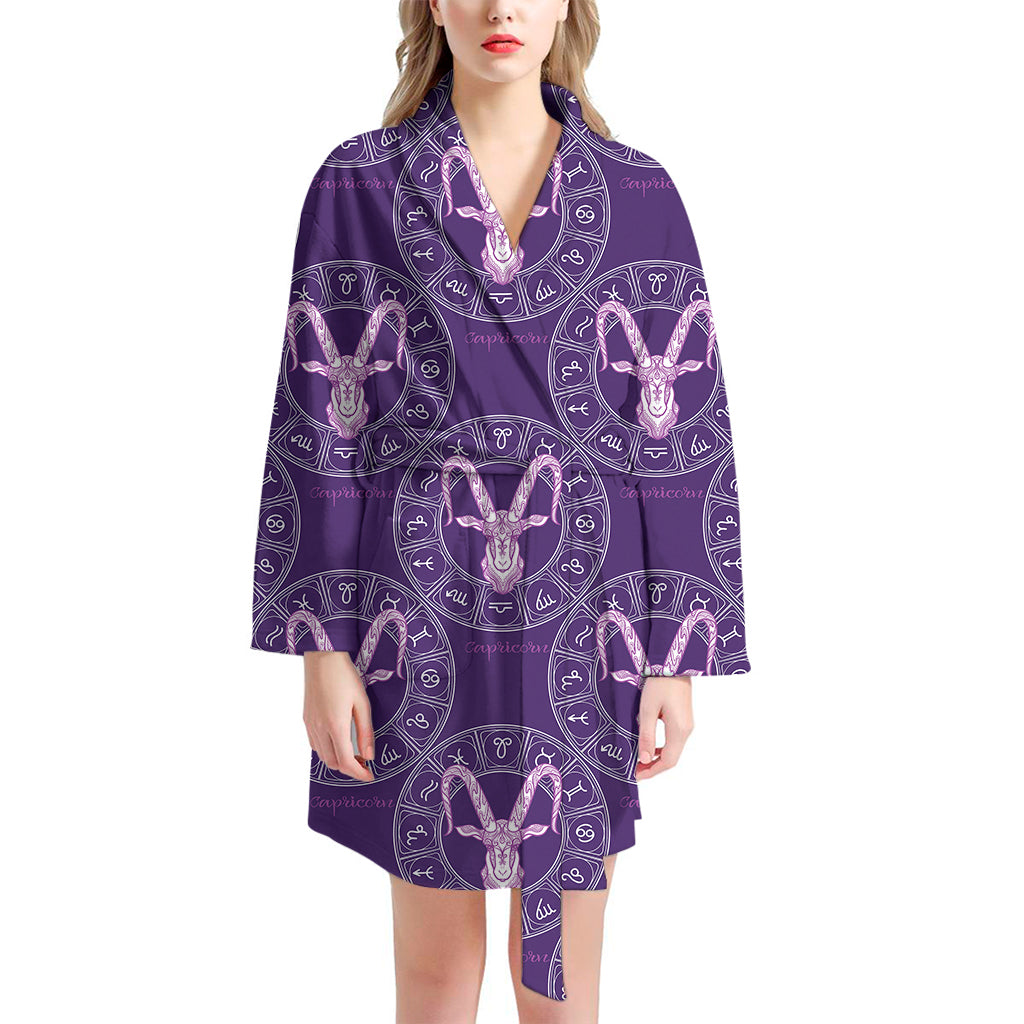 Purple Capricorn Zodiac Pattern Print Women's Bathrobe