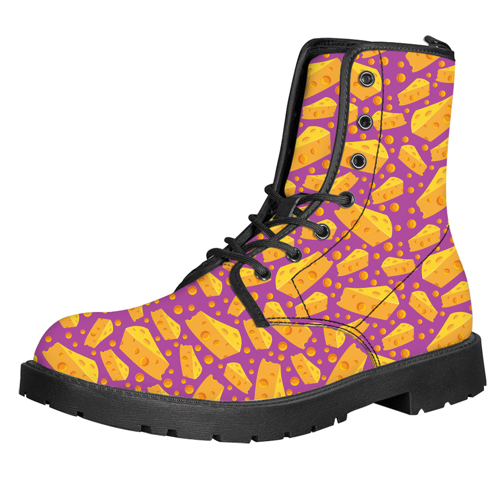 Purple Cheese And Holes Pattern Print Leather Boots