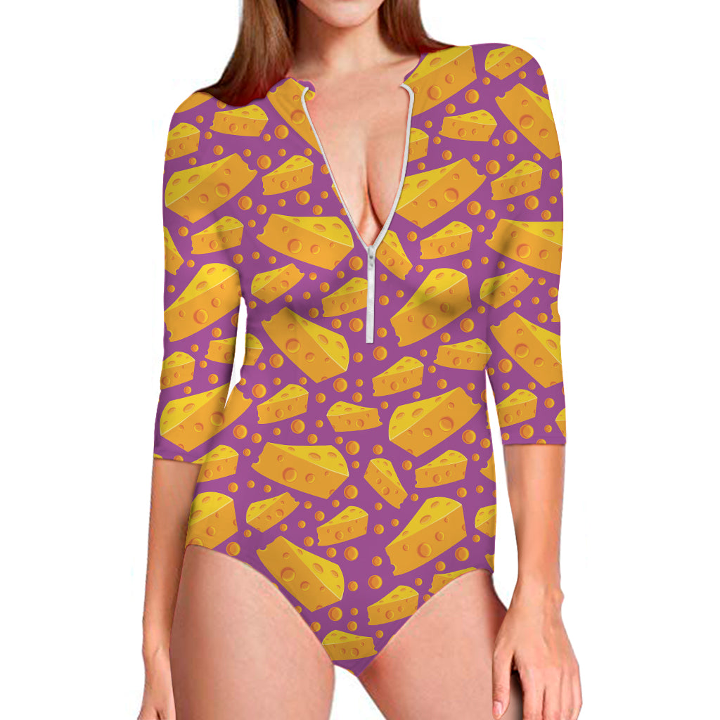 Purple Cheese And Holes Pattern Print Long Sleeve One Piece Swimsuit