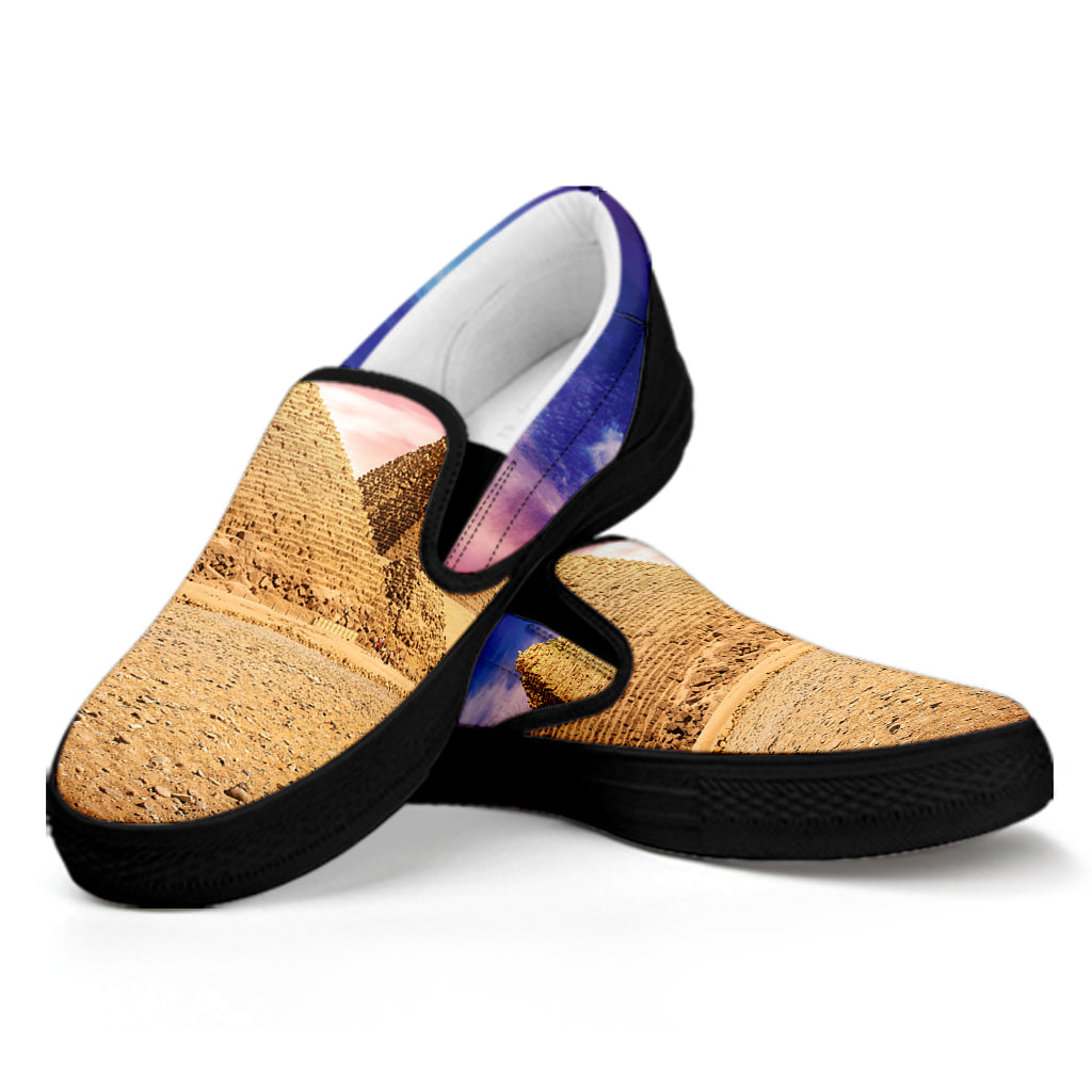 Purple Cloud Pyramid Print Black Slip On Shoes