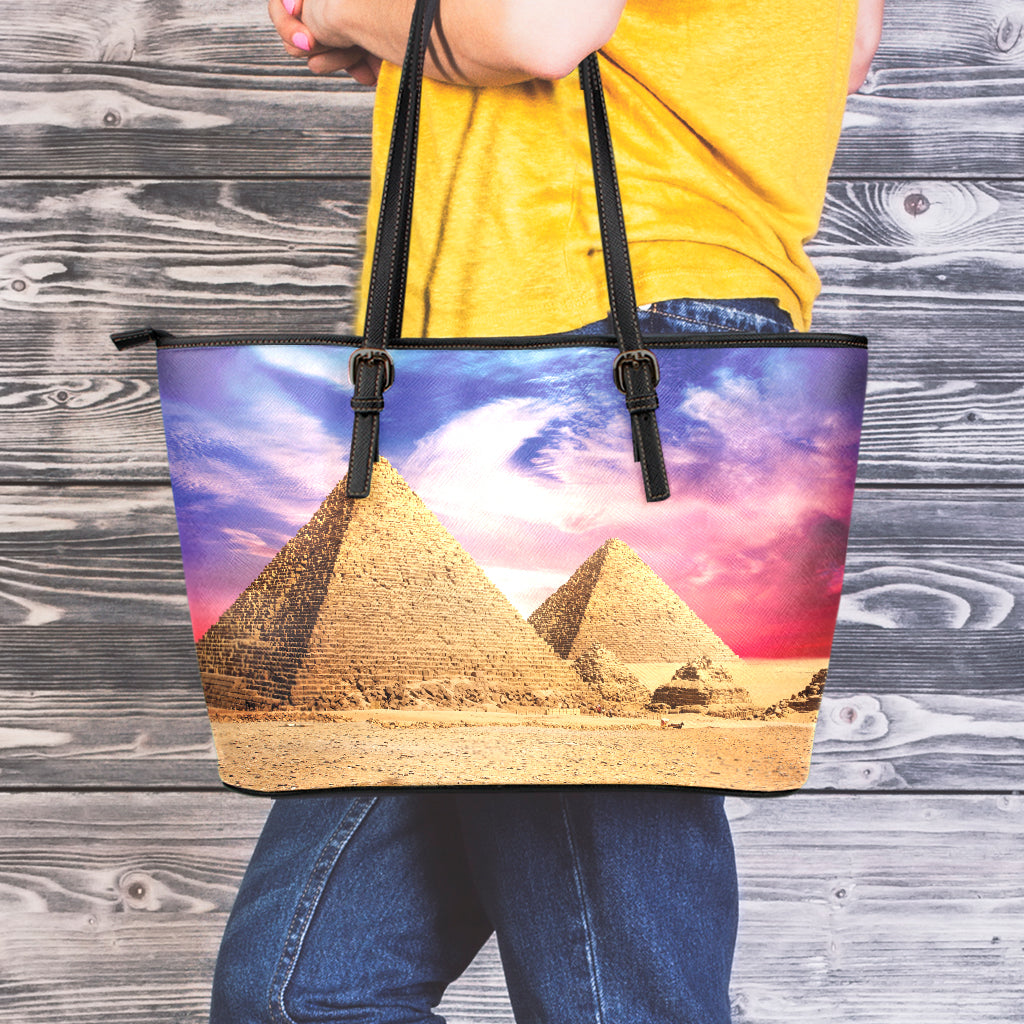 Purple Cloud Pyramid Print Leather Tote Bag