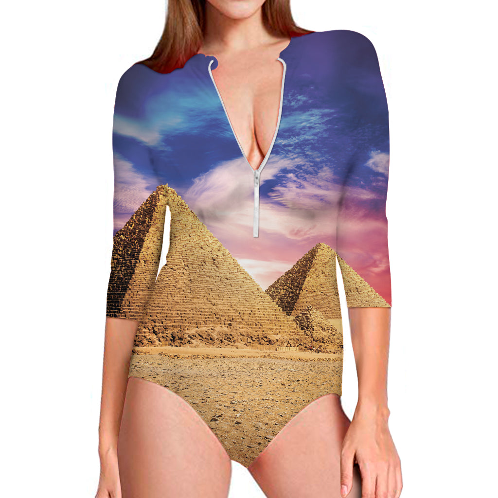 Purple Cloud Pyramid Print Long Sleeve One Piece Swimsuit