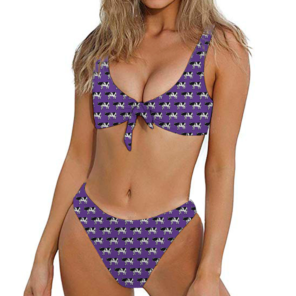 Purple Cow Pattern Print Front Bow Tie Bikini