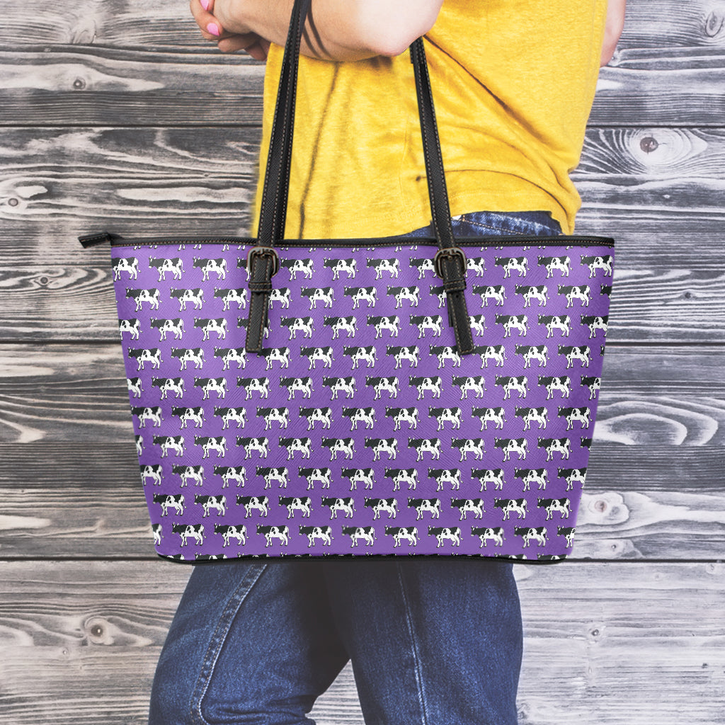 Purple Cow Pattern Print Leather Tote Bag