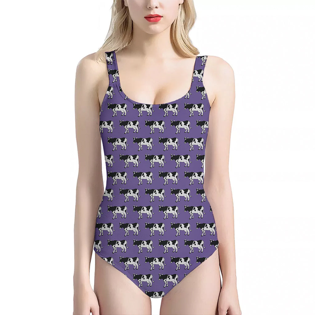 Purple Cow Pattern Print One Piece Halter Neck Swimsuit