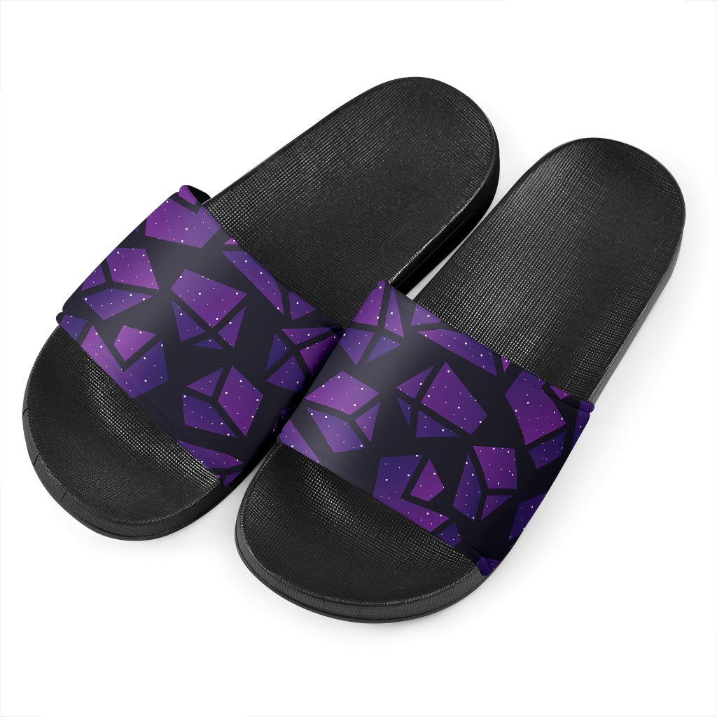 Purple Crystal Cosmic Galaxy Space Print Black Slide Sandals