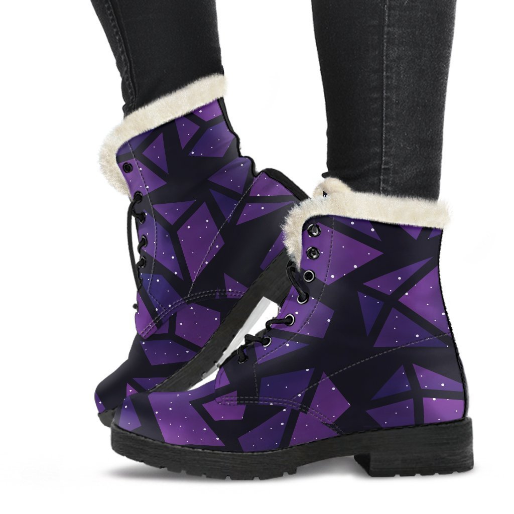 Purple Crystal Cosmic Galaxy Space Print Faux Fur Leather Boots