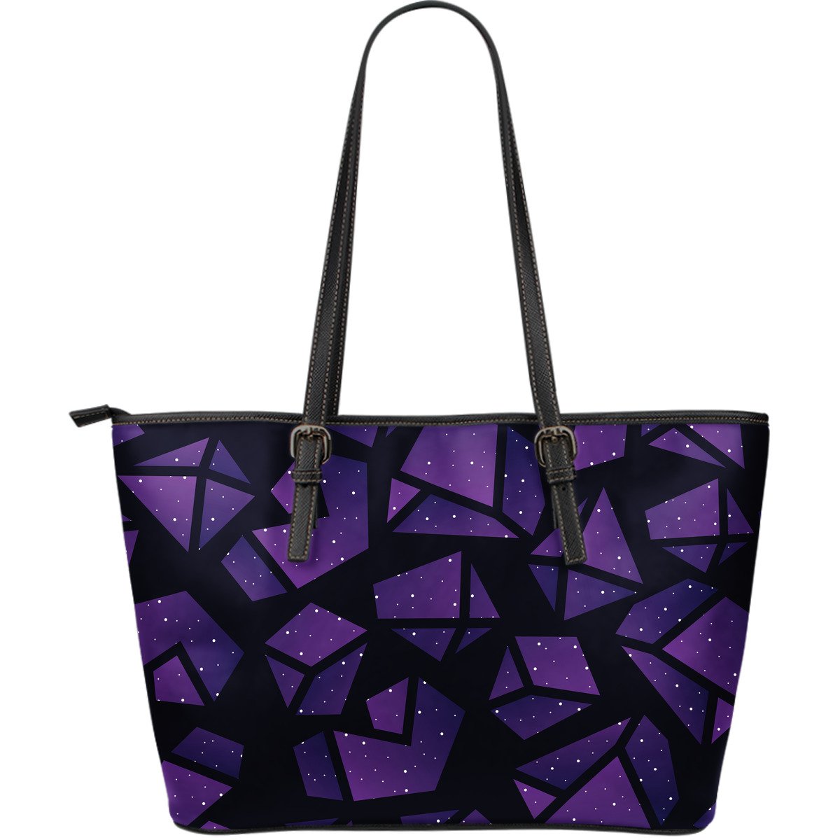 Purple Crystal Cosmic Galaxy Space Print Leather Tote Bag