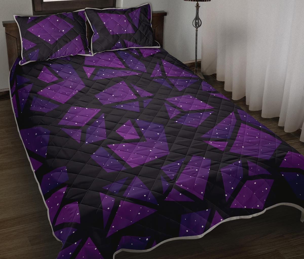 Purple Crystal Cosmic Galaxy Space Print Quilt Bed Set