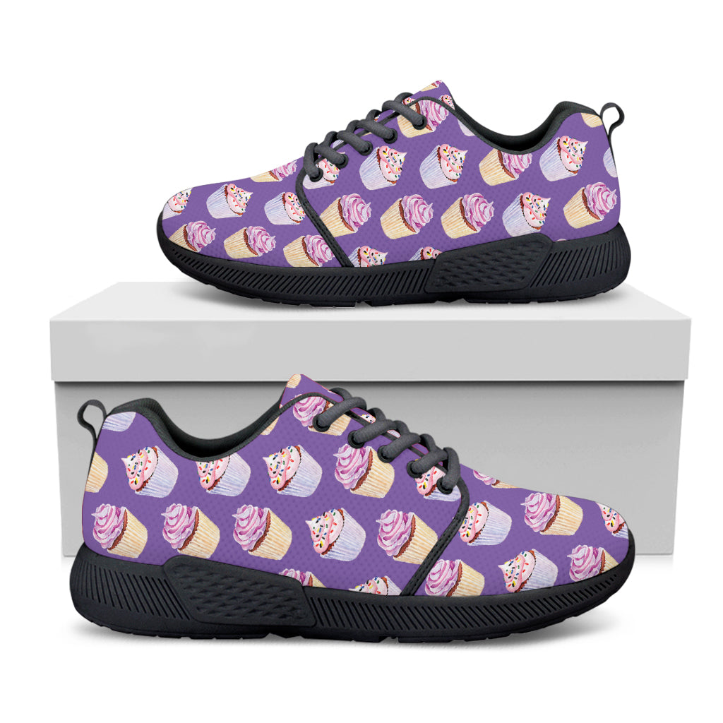 Purple Cupcake Pattern Print Black Athletic Shoes