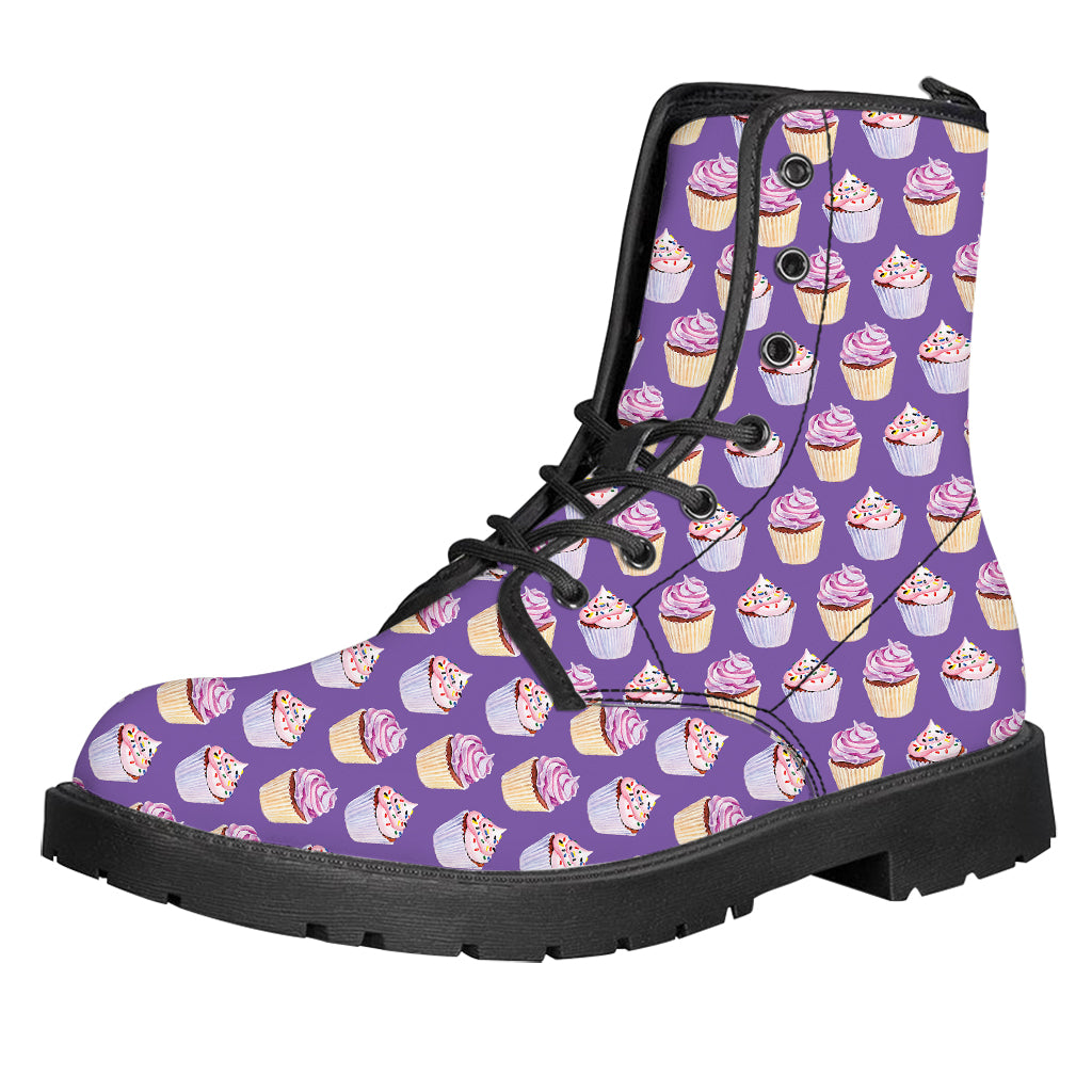 Purple Cupcake Pattern Print Leather Boots