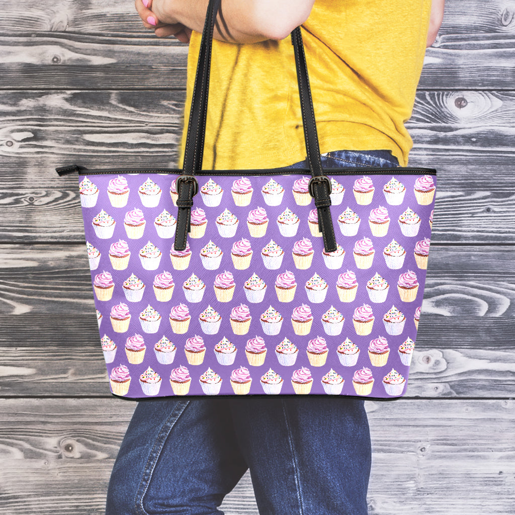 Purple Cupcake Pattern Print Leather Tote Bag