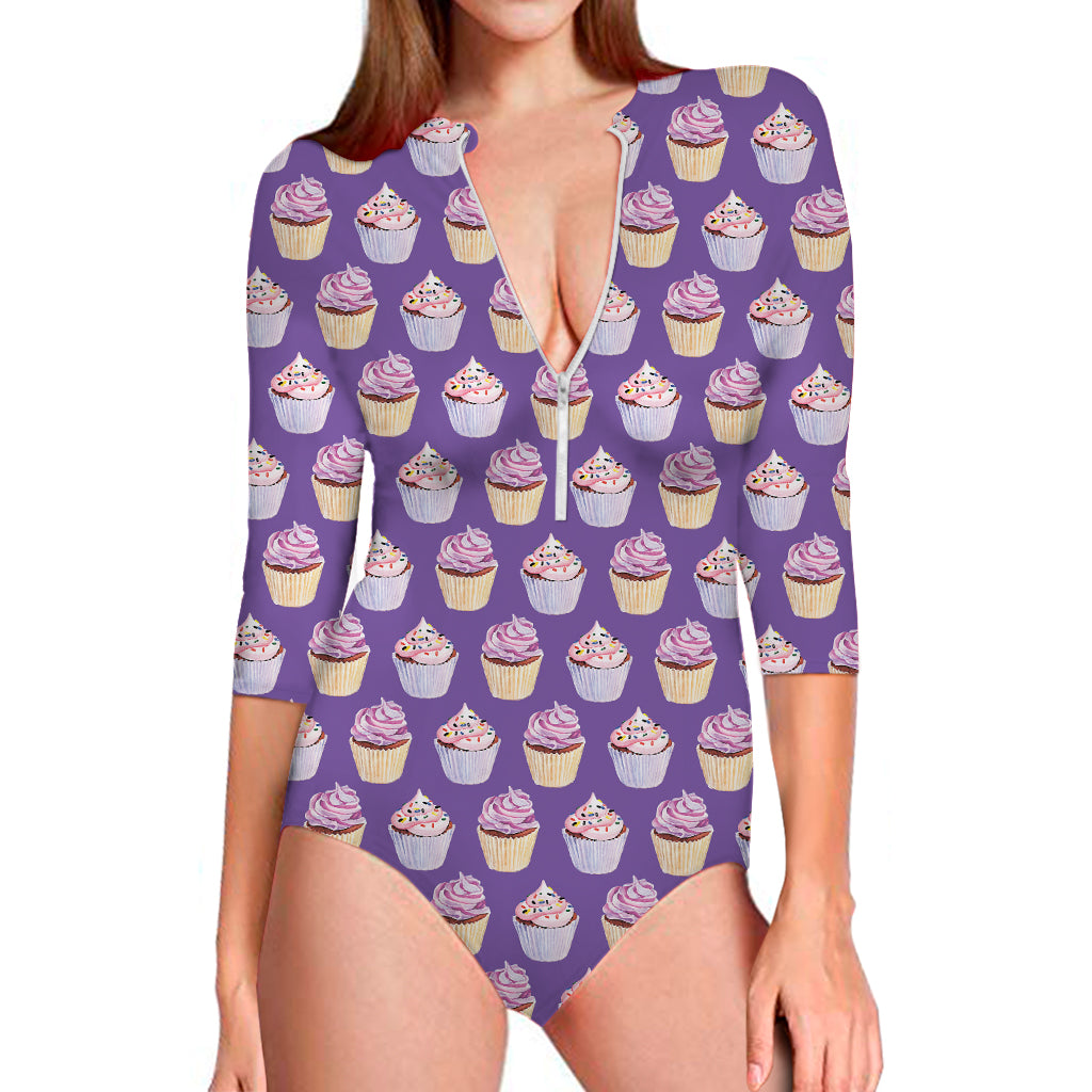 Purple Cupcake Pattern Print Long Sleeve One Piece Swimsuit