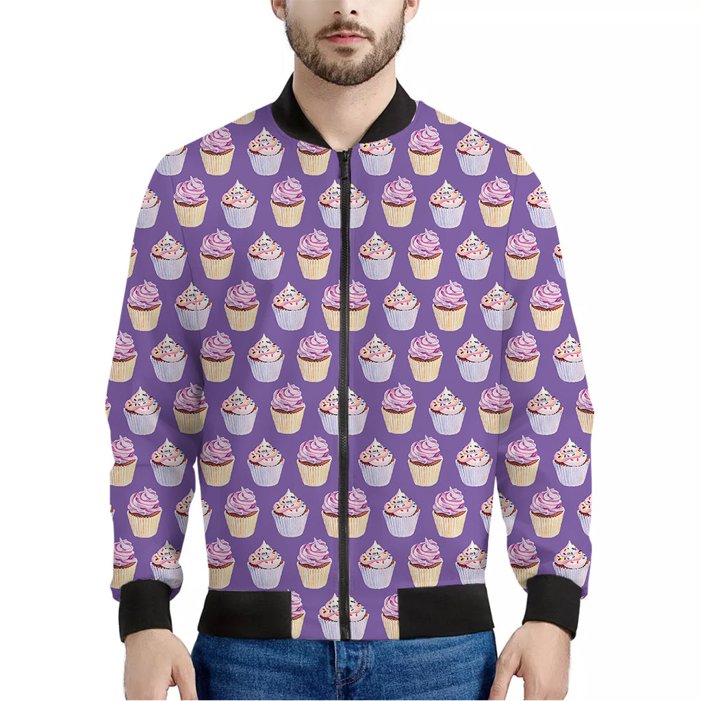 Purple Cupcake Pattern Print Men's Bomber Jacket