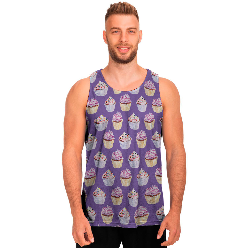 Purple Cupcake Pattern Print Men's Tank Top