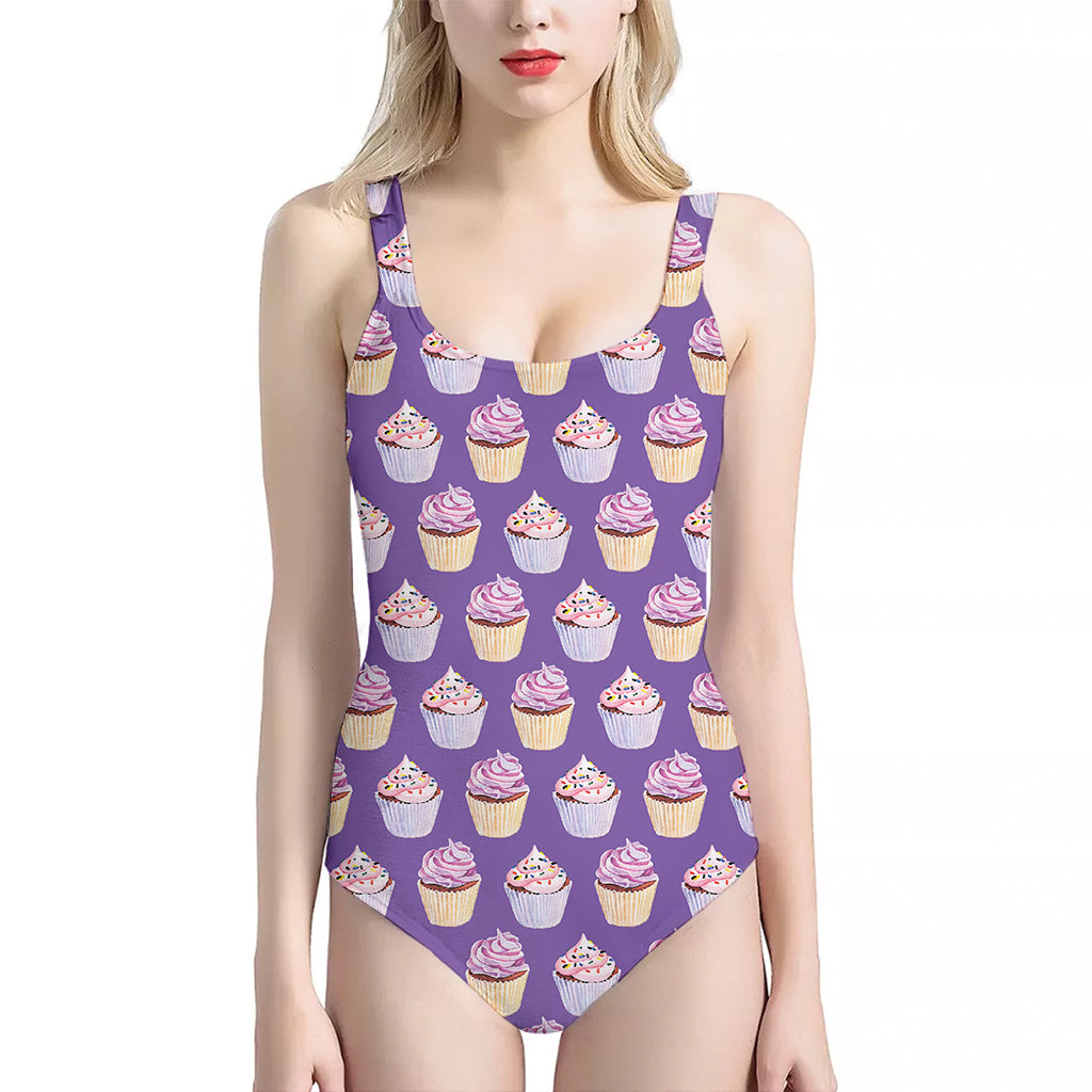 Purple Cupcake Pattern Print One Piece Halter Neck Swimsuit