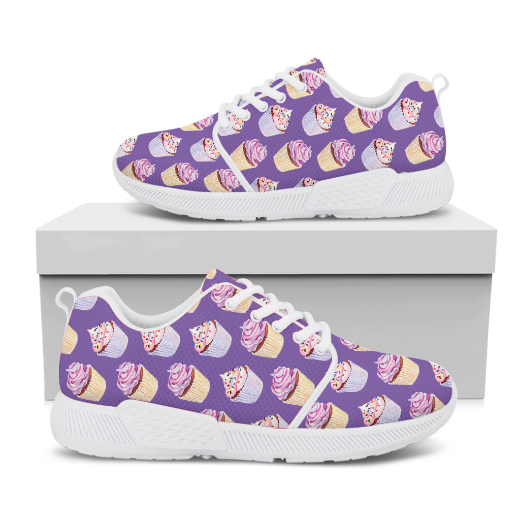 Purple Cupcake Pattern Print White Athletic Shoes