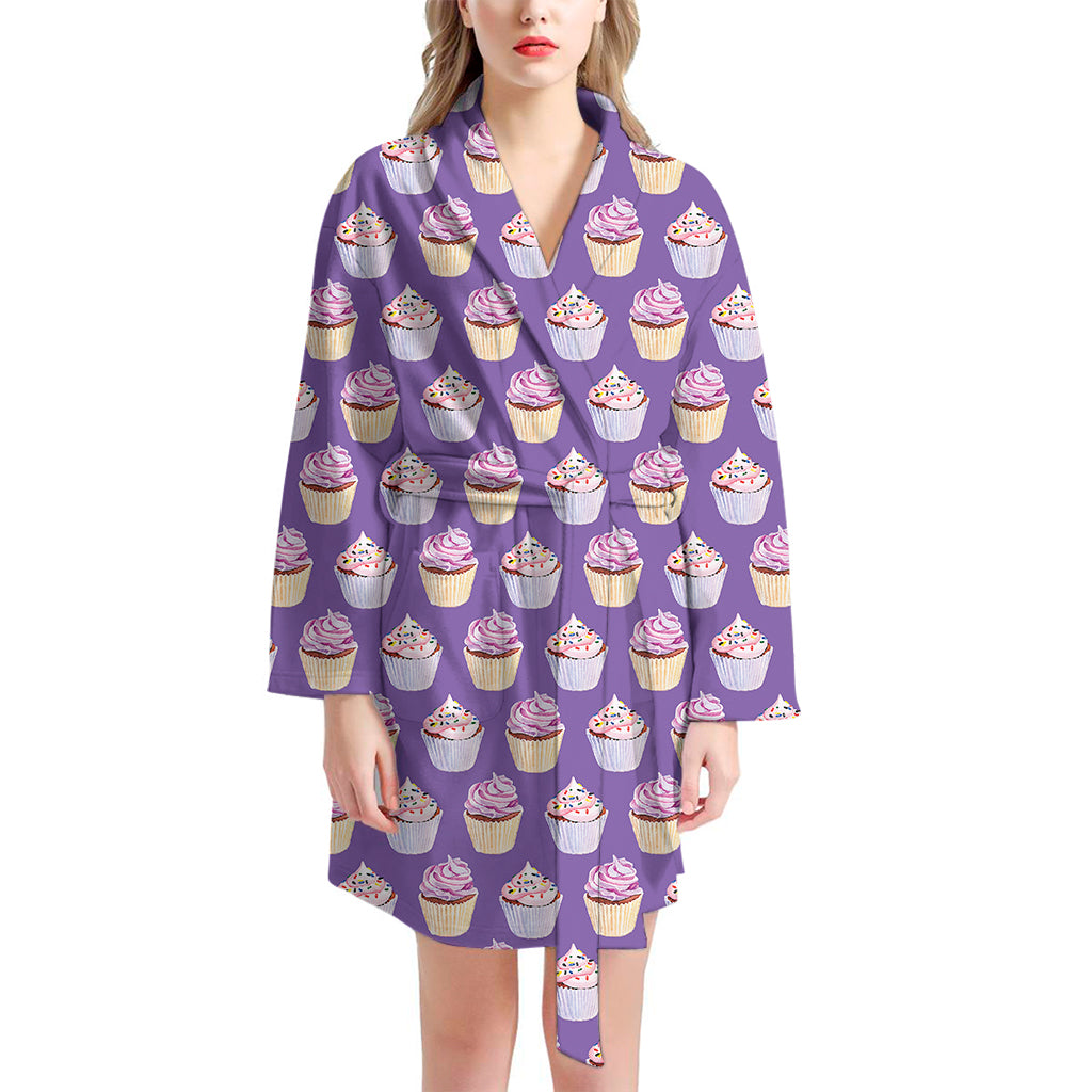 Purple Cupcake Pattern Print Women's Bathrobe