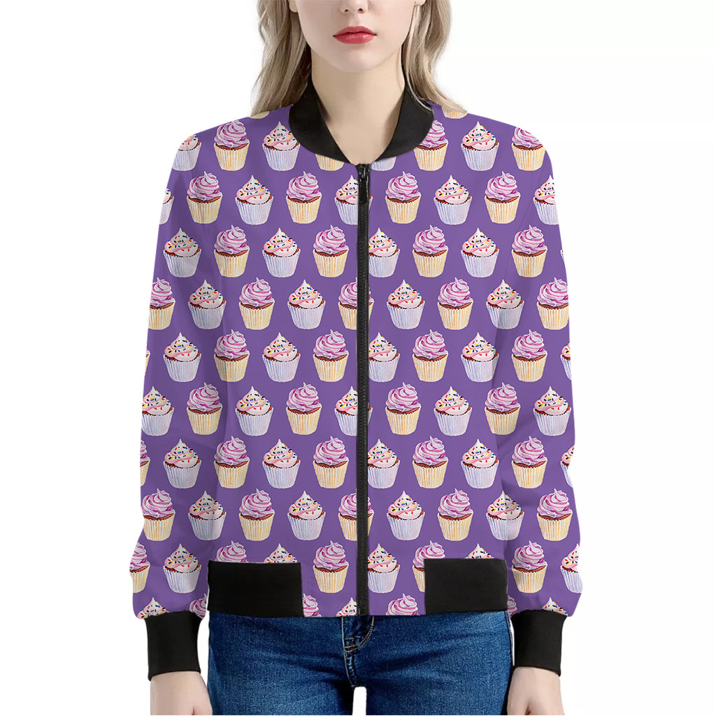 Purple Cupcake Pattern Print Women's Bomber Jacket