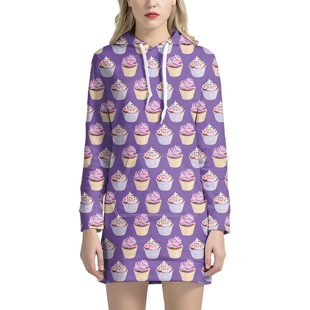 Purple Cupcake Pattern Print Women's Pullover Hoodie Dress