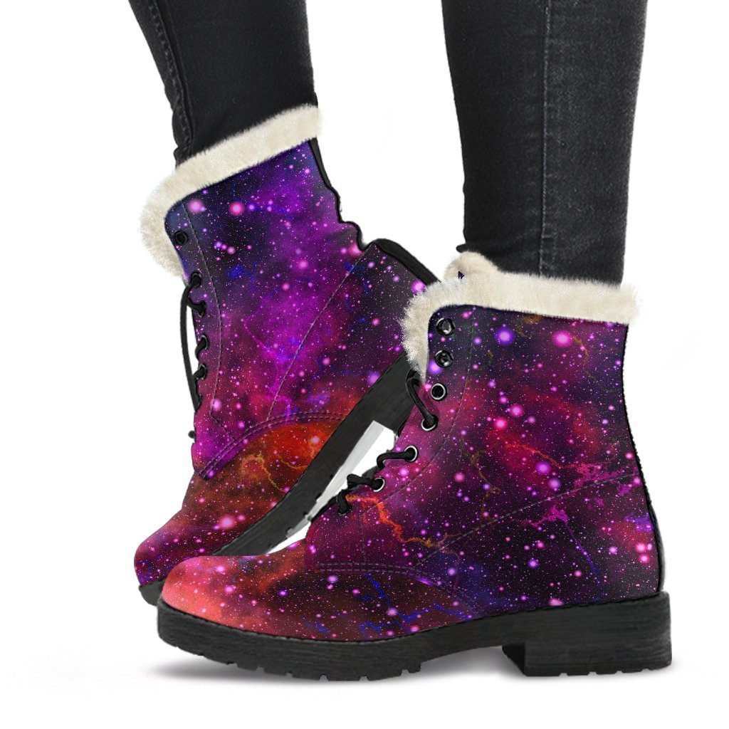 Purple Dark Galaxy Space Print Faux Fur Leather Boots