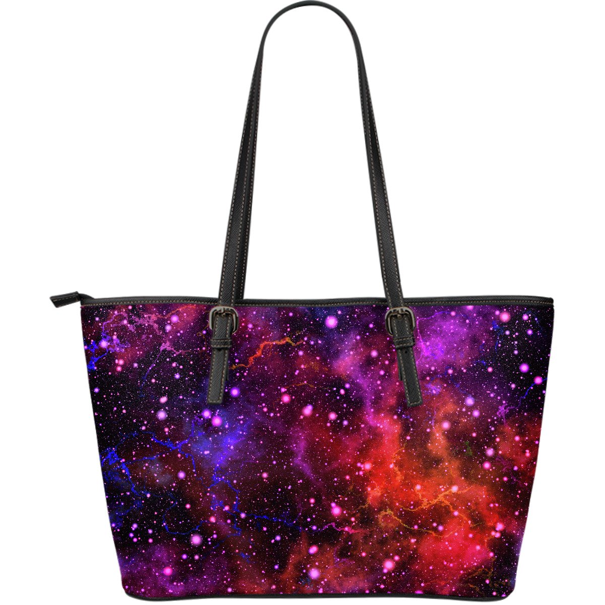 Purple Dark Galaxy Space Print Leather Tote Bag