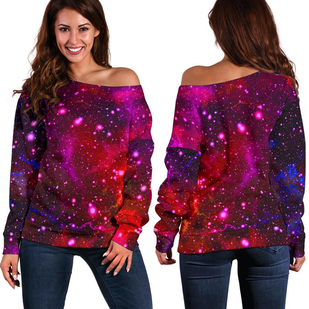 Purple Dark Galaxy Space Print Women's Off-Shoulder Sweatshirt