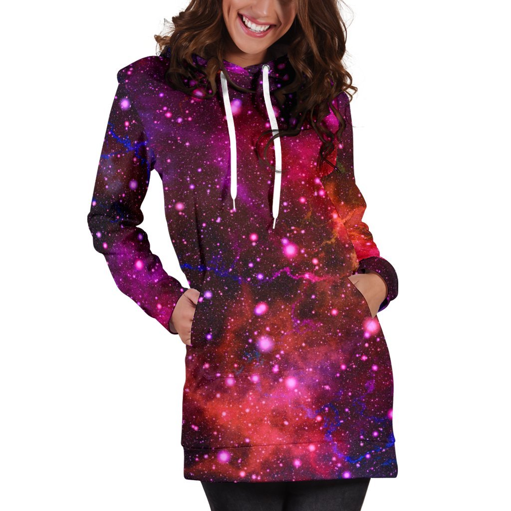 Purple Dark Galaxy Space Print Women's Pullover Hoodie Dress