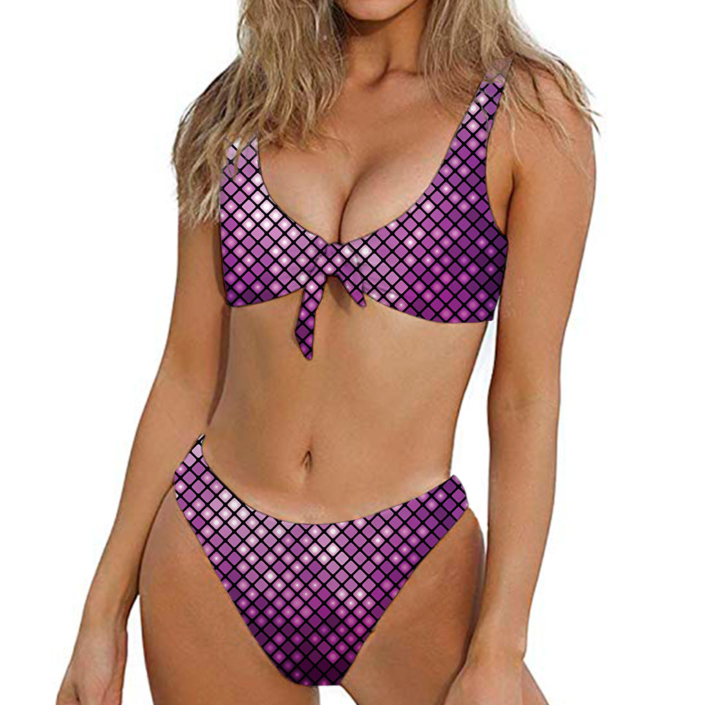 Purple Disco Lights Pattern Print Front Bow Tie Bikini