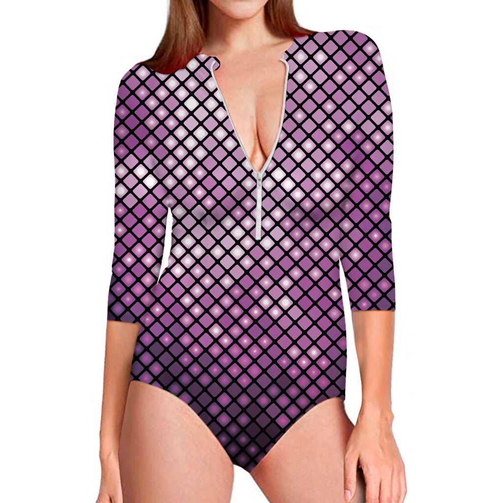 Purple Disco Lights Pattern Print Long Sleeve One Piece Swimsuit