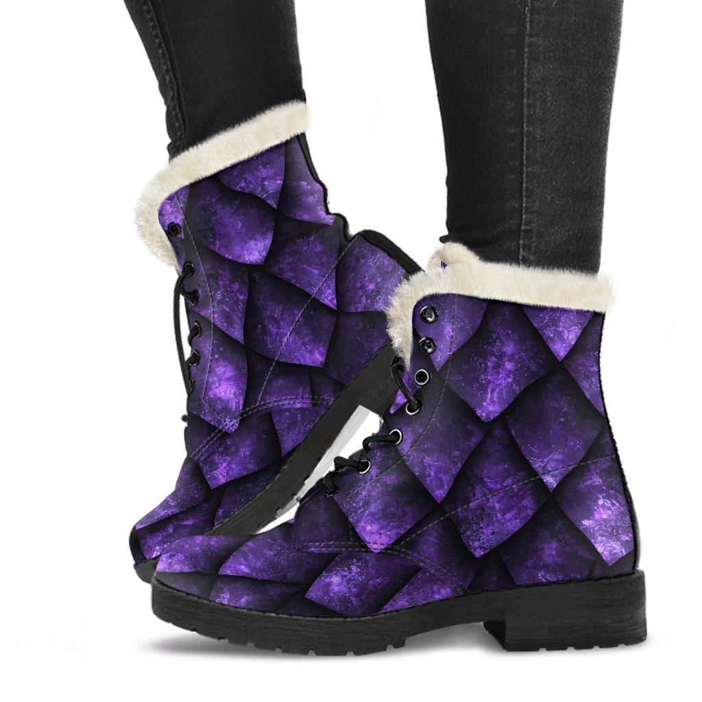 Purple Dragon Scales Pattern Print Faux Fur Leather Boots