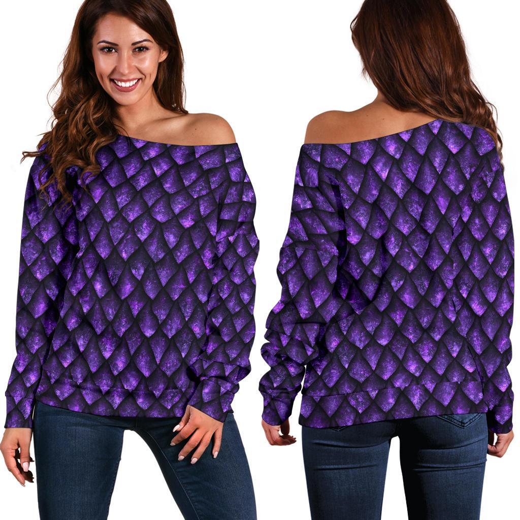 Purple Dragon Scales Pattern Print Women's Off-Shoulder Sweatshirt