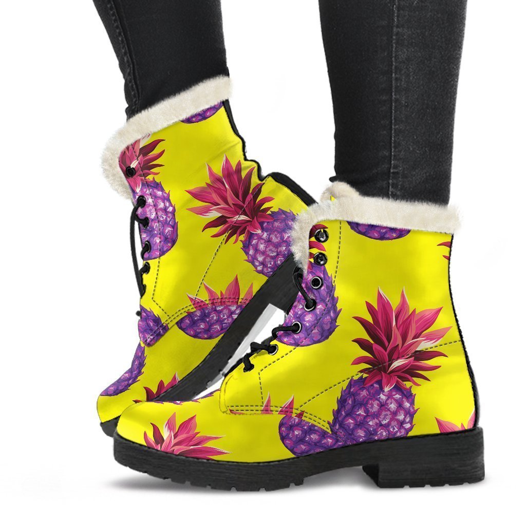 Purple EDM Pineapple Pattern Print Faux Fur Leather Boots