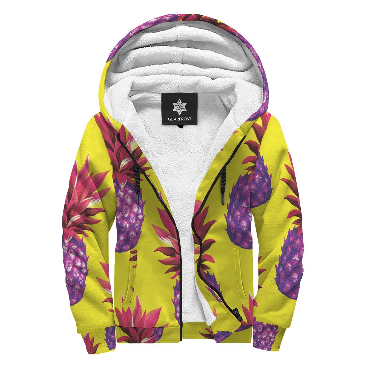 Purple EDM Pineapple Pattern Print Sherpa Lined Fleece Hoodie