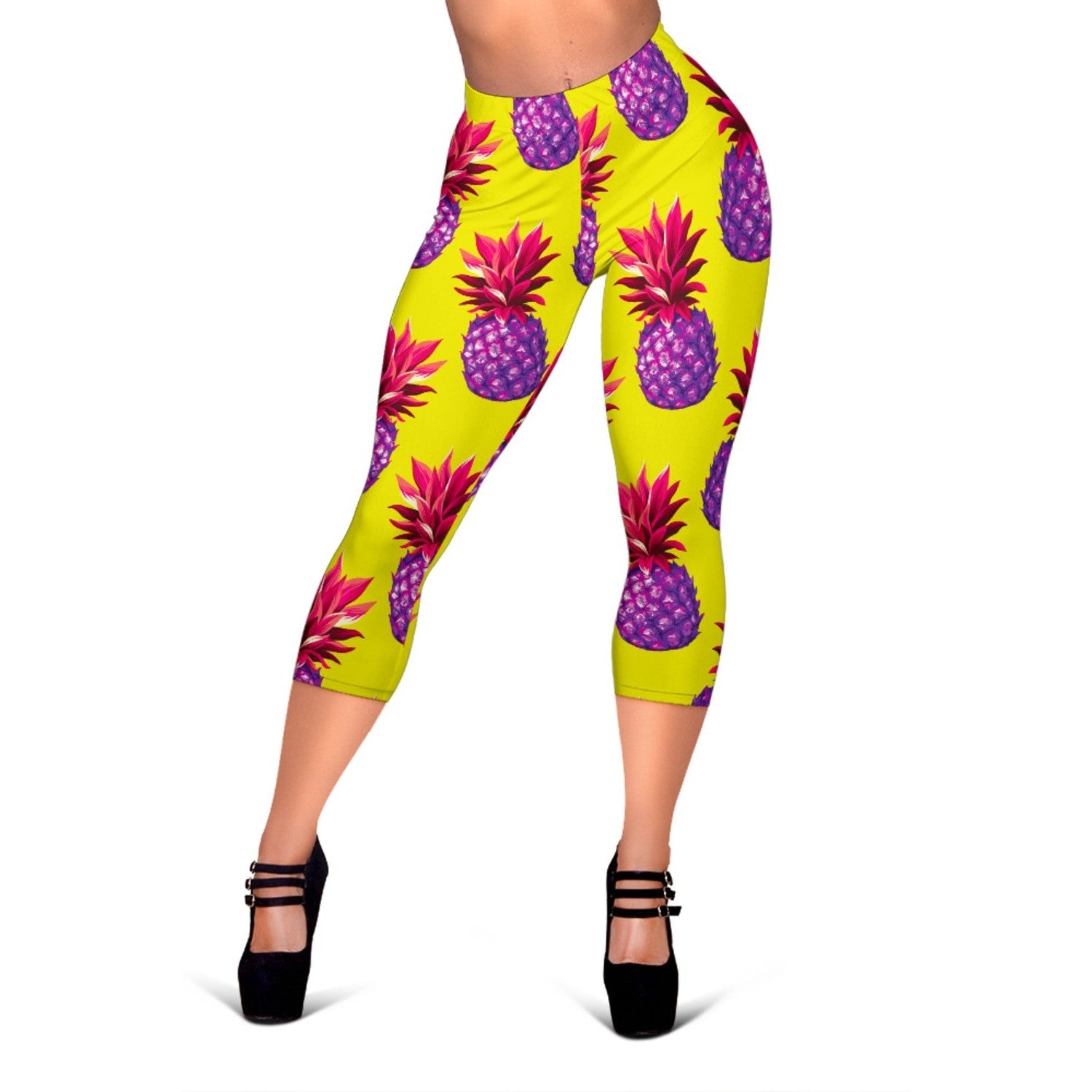 Purple EDM Pineapple Pattern Print Women's Capri Leggings