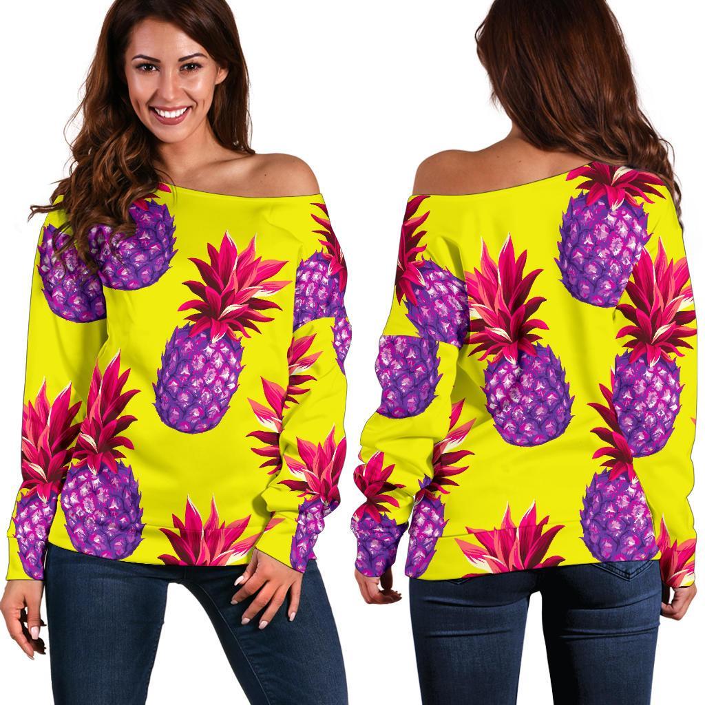 Purple EDM Pineapple Pattern Print Women's Off-Shoulder Sweatshirt